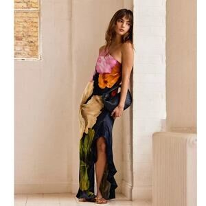 New Anthropologie One-Shoulder Asymmetric Floral Maxi Dress $178 US 12 Navy